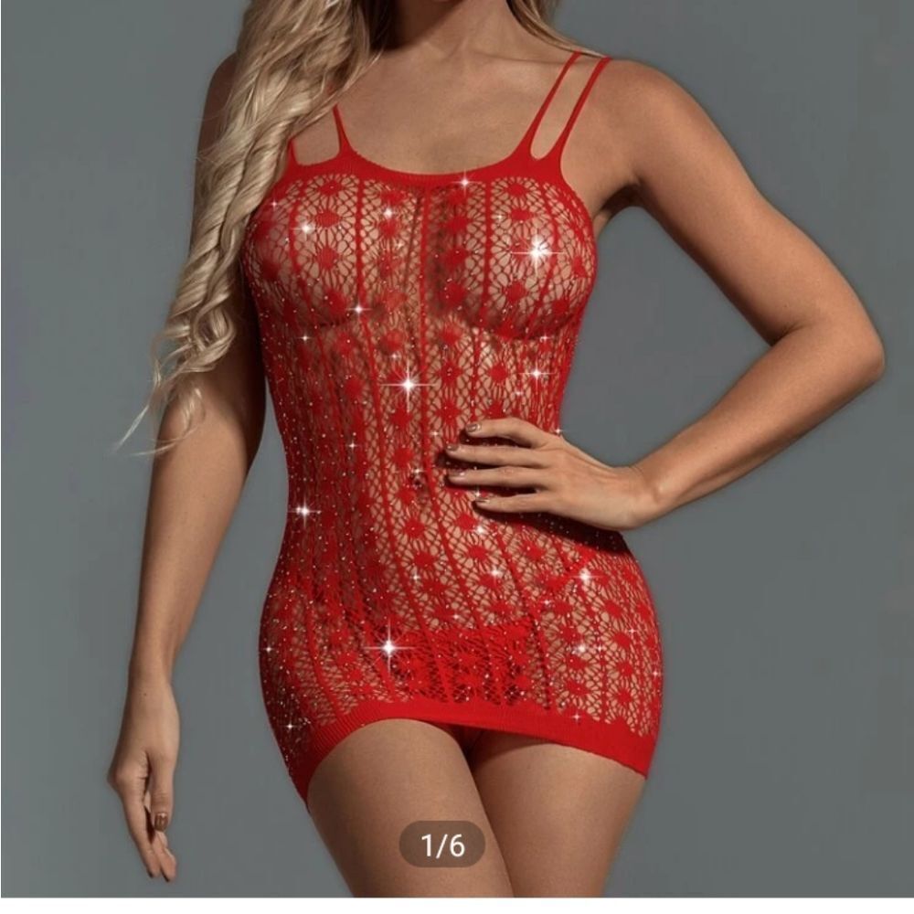 Red See Through Bodycon Dress with Rhinestones